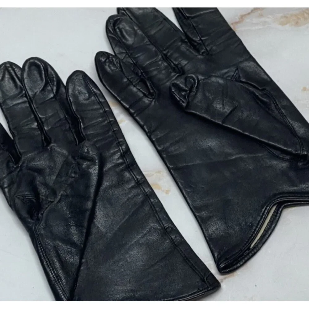 Vintage Smart Set Black Leather Gloves Size 8 Made In Japan Bow Design